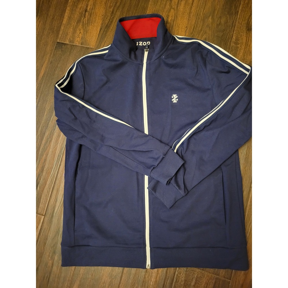 Izod Mens Navy Blue Full Zip Track Jacket White Stripes Lrge 4-03